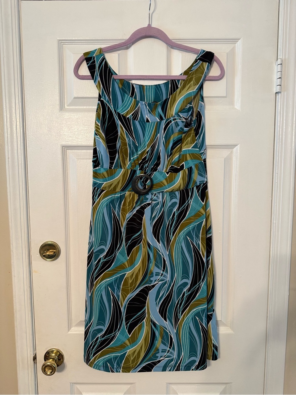 Susan Lawrence Teal, Olive & Black Printed Midi Dress with Waist Belt